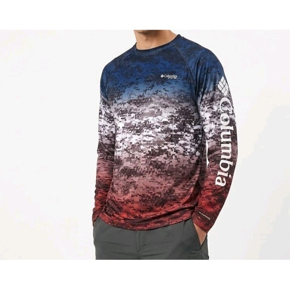 Columbia PFG Fishing Shirt Mens M Red White Blue Long Sleeve Digital Camo
